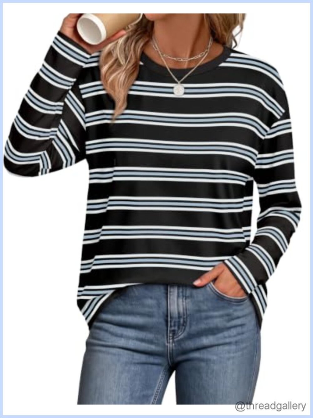 Womens Long Sleeve Striped Oversized T-Shirt Loose Fit Casual Top